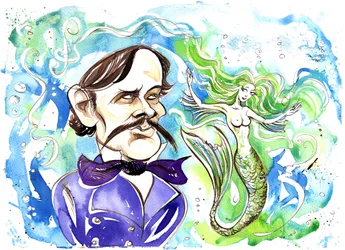 Alexander Dargomyzhsky - karikatura ruského skladatele s ilustrací opery Rusalka (1855)